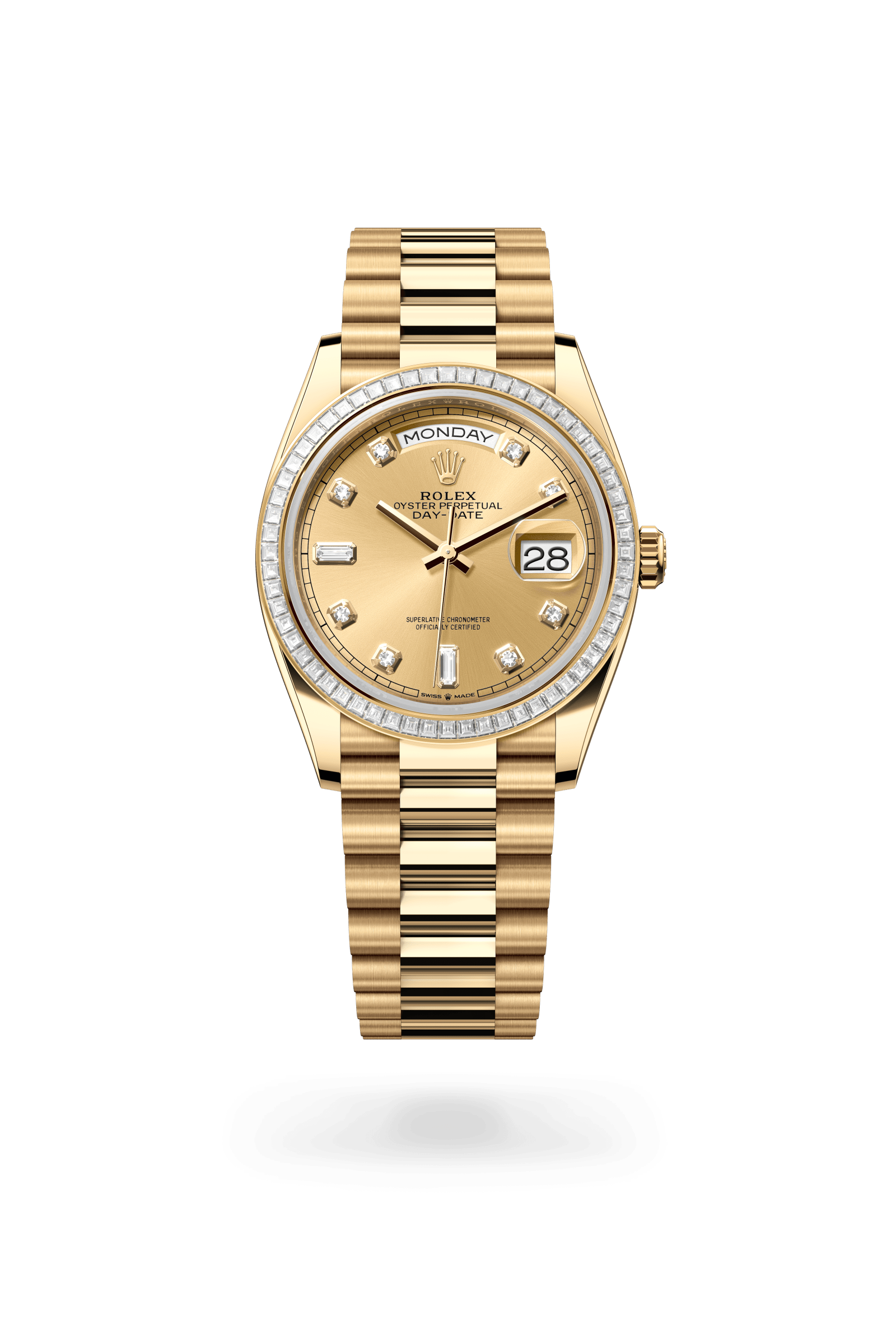 Day-Date 36, Oyster, 36 mm, geelgoud en diamanten, Wijzerplaat : Champagnekleurig met diamanten, Rolex
