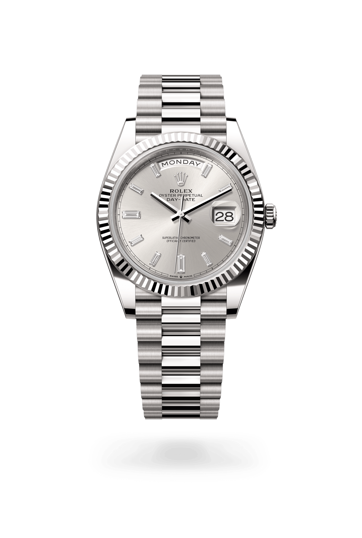 Day-Date 40, Oyster, 40 mm, witgoud, Wijzerplaat : Zilverkleurig bezet met diamanten, Rolex