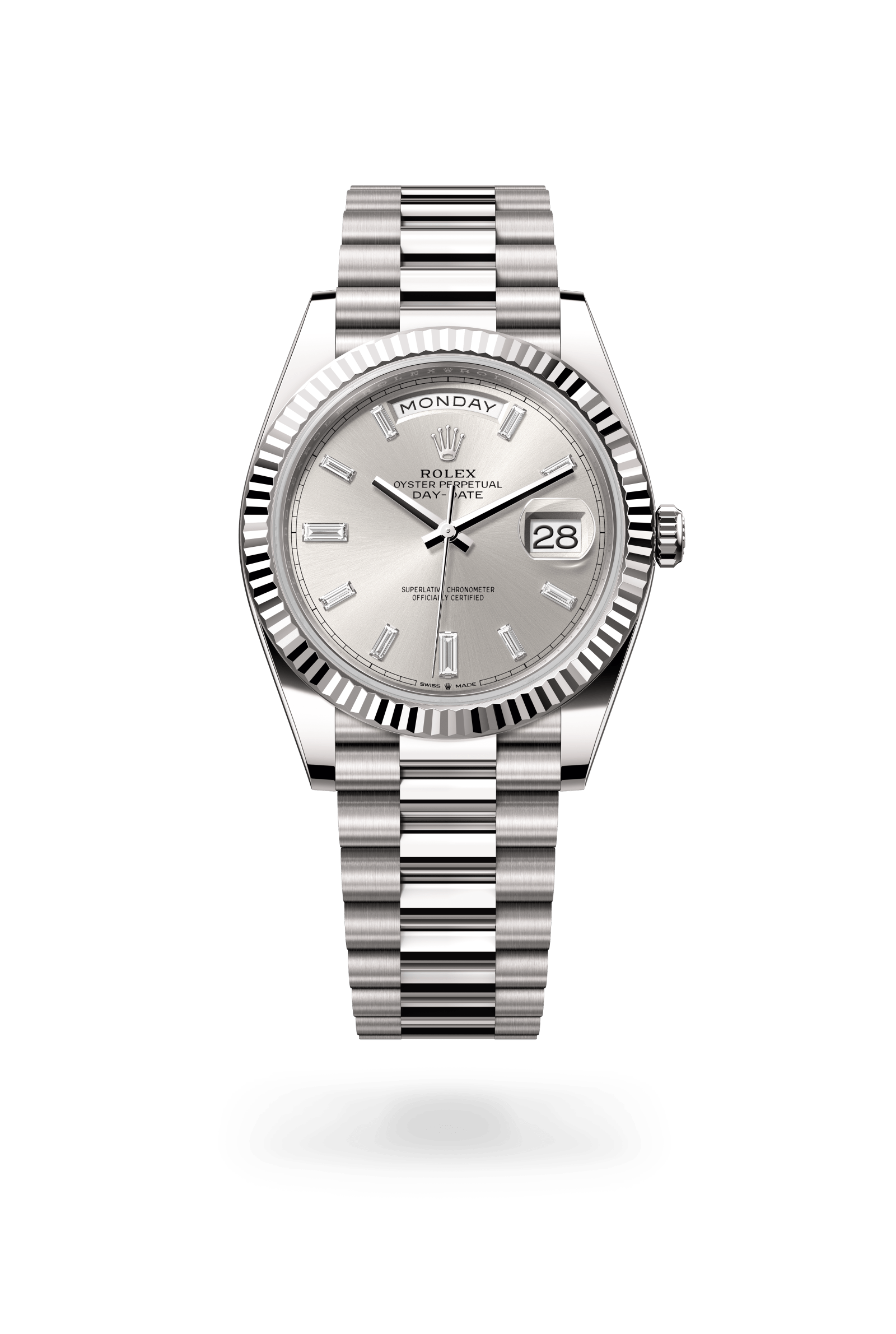 Day-Date 40, Oyster, 40 mm, witgoud, Wijzerplaat : Zilverkleurig bezet met diamanten, Rolex