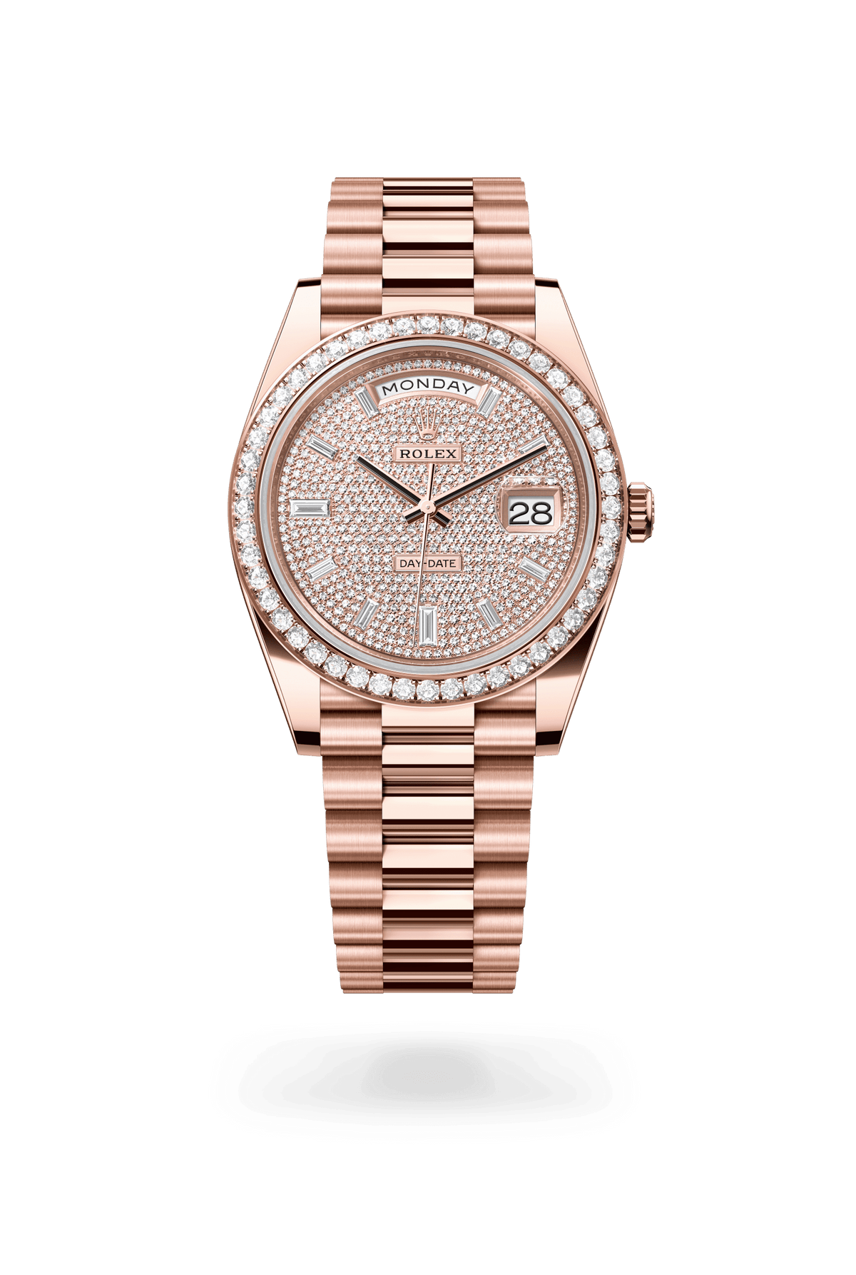 Day-Date 40, Oyster, 40 mm, Everose-goud en diamanten, Wijzerplaat : Belegd met diamanten, Rolex