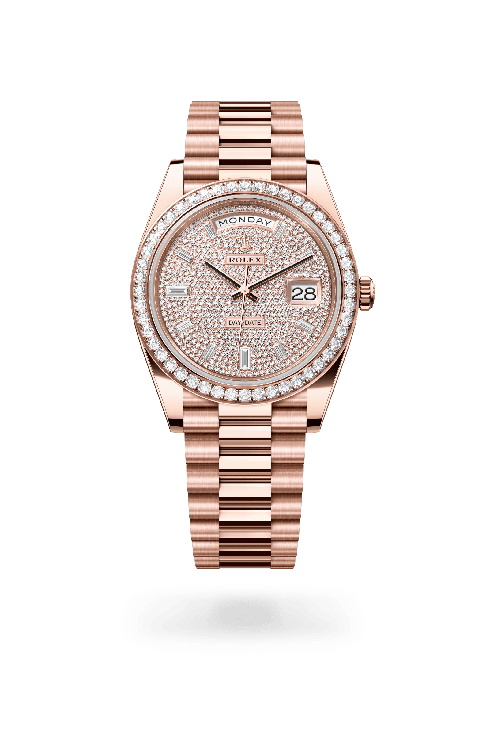 Day-Date 40, Oyster, 40 mm, Everose-goud en diamanten, Wijzerplaat : Belegd met diamanten, Rolex