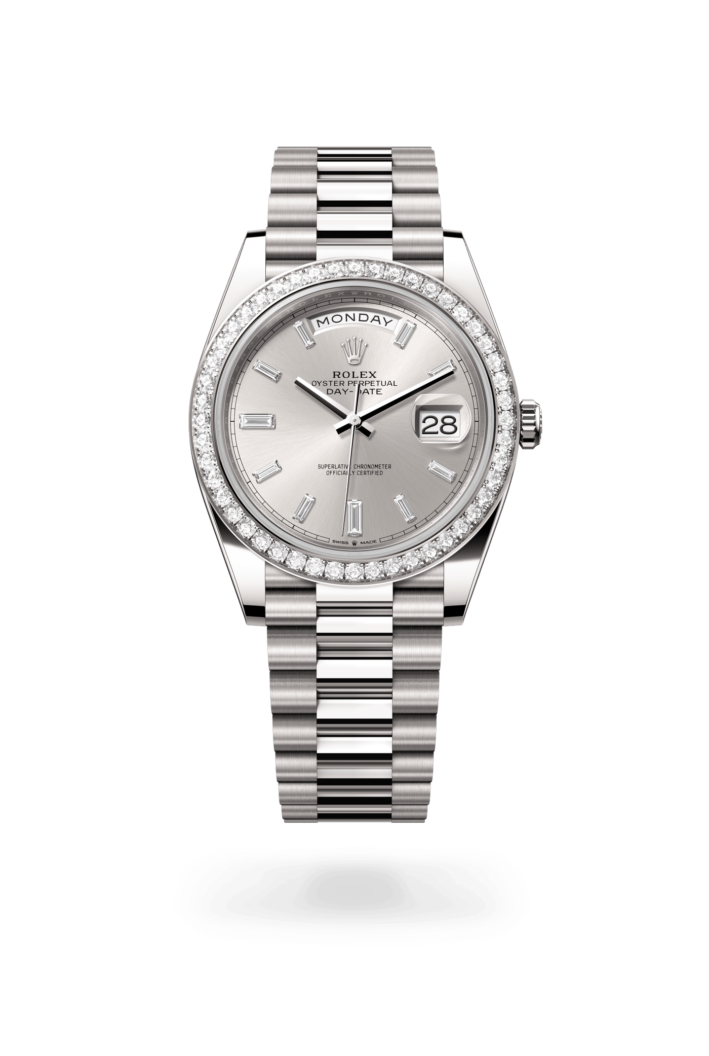 Day-Date 40, Oyster, 40 mm, witgoud en diamanten, Wijzerplaat : Zilverkleurig bezet met diamanten, Rolex