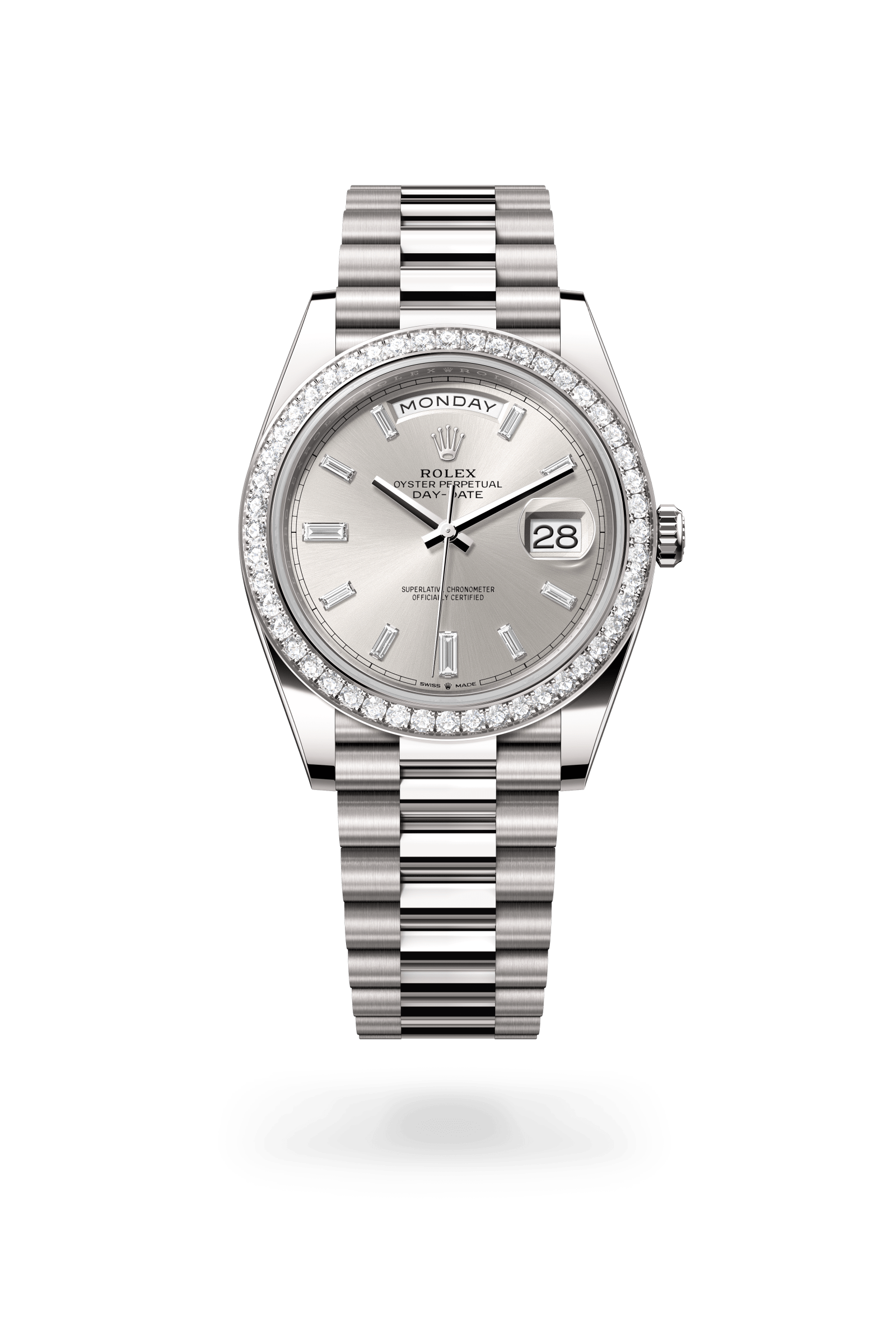 Day-Date 40, Oyster, 40 mm, witgoud en diamanten, Wijzerplaat : Zilverkleurig bezet met diamanten, Rolex