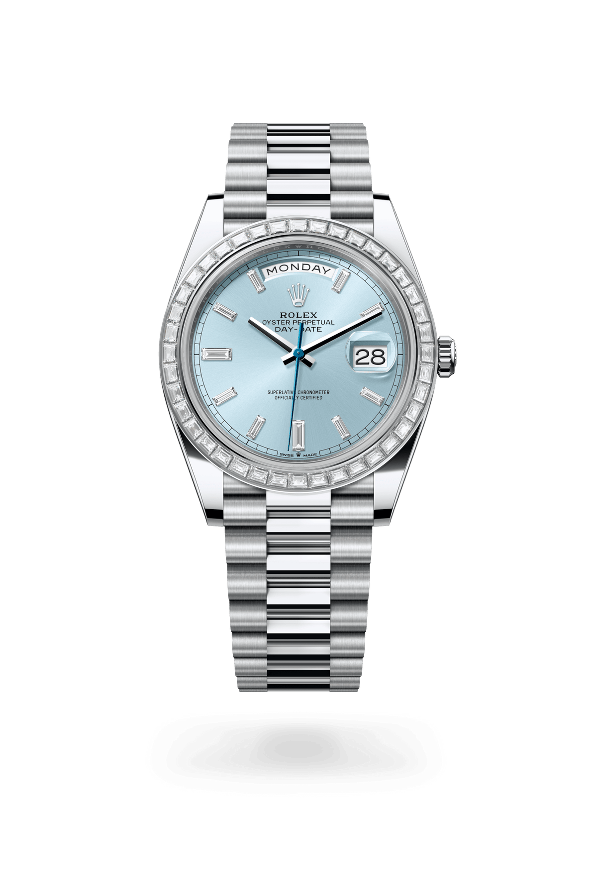 Day-Date 40, Oyster, 40 mm, platina en diamanten, Wijzerplaat : IJsblauw bezet met diamanten, Rolex