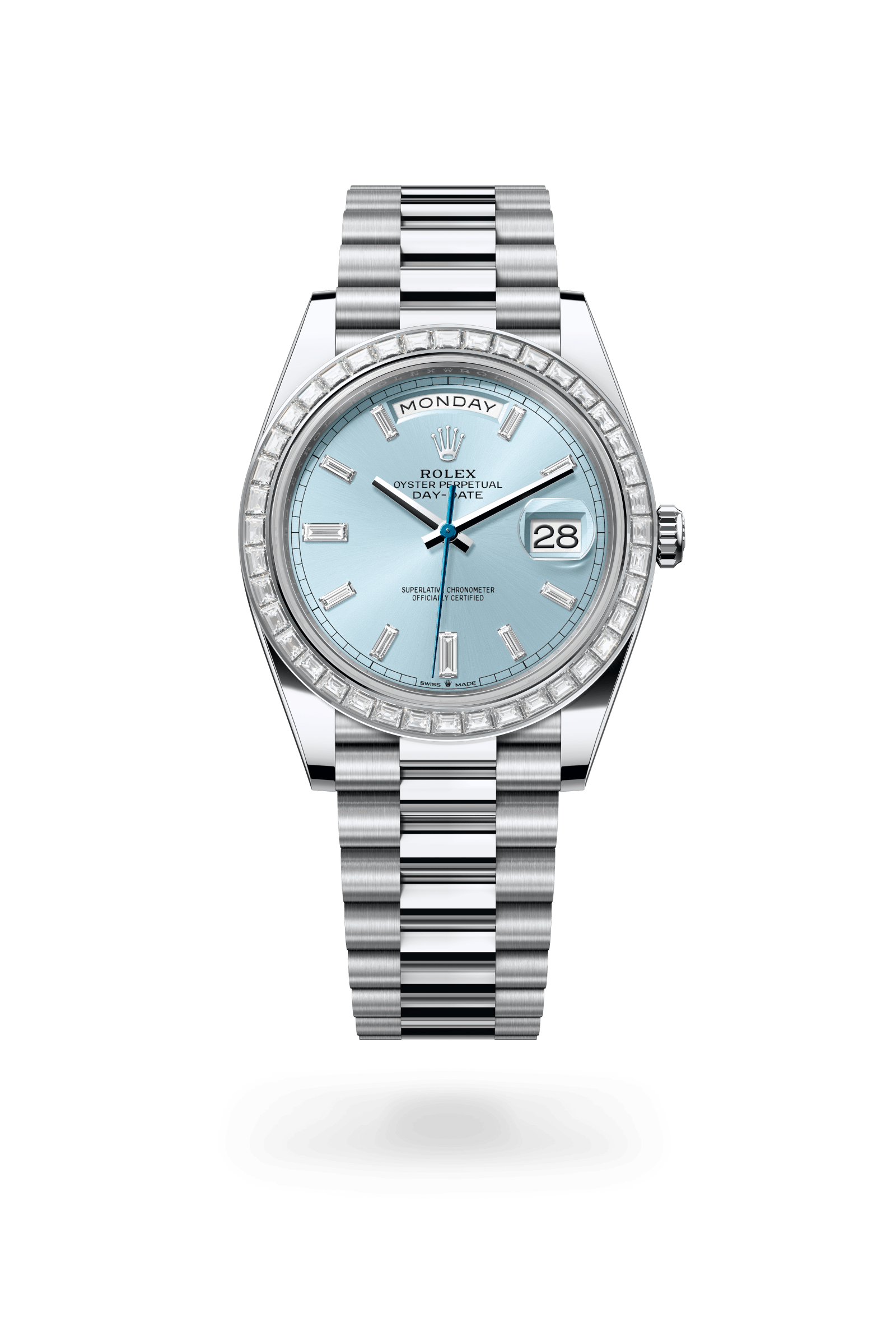 Day-Date 40, Oyster, 40 mm, platina en diamanten, Wijzerplaat : IJsblauw bezet met diamanten, Rolex