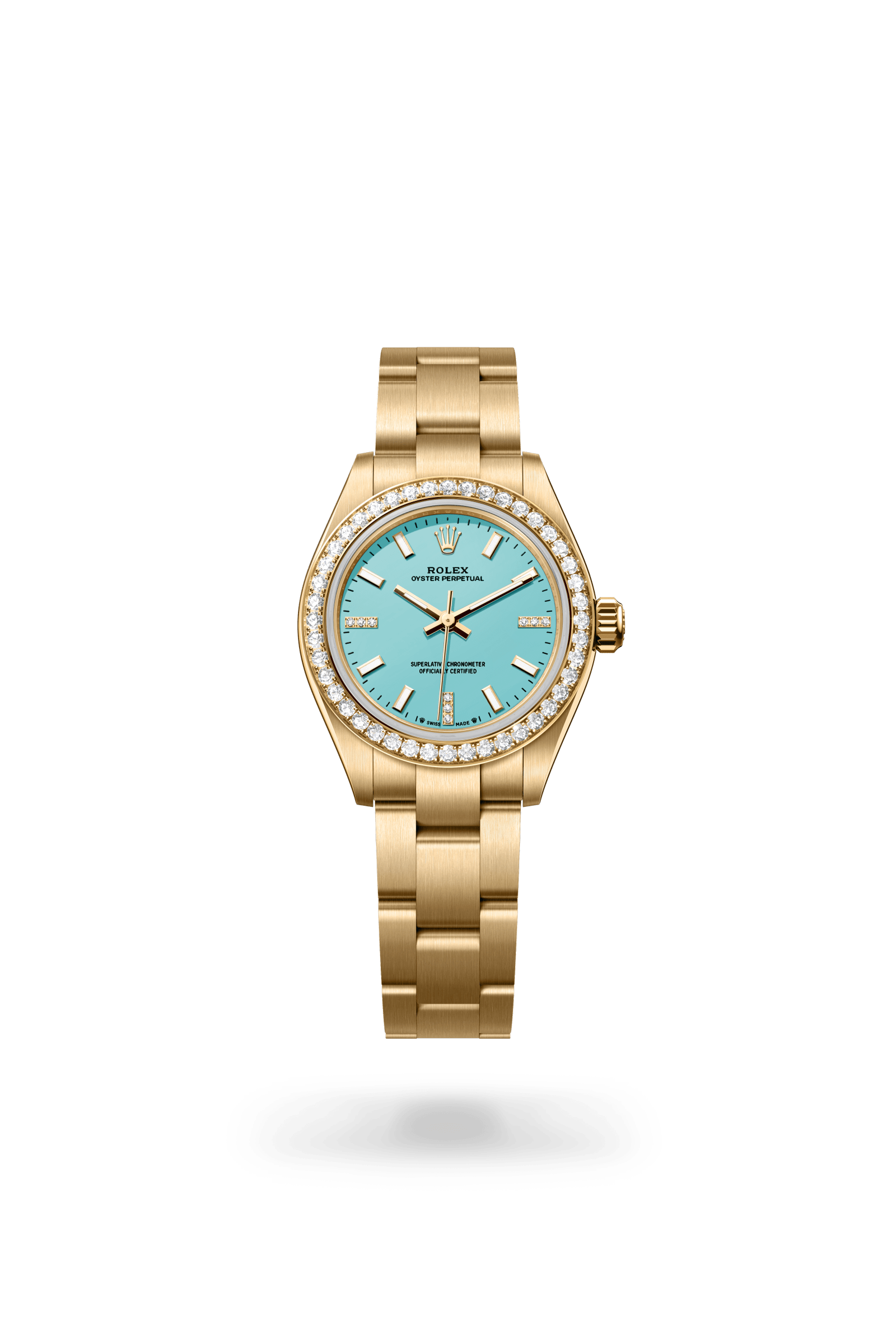 Oyster Perpetual 28, Oyster, 28 mm, geelgoud en diamanten, Wijzerplaat : Turquoiseblauw, bezet met diamanten, Rolex