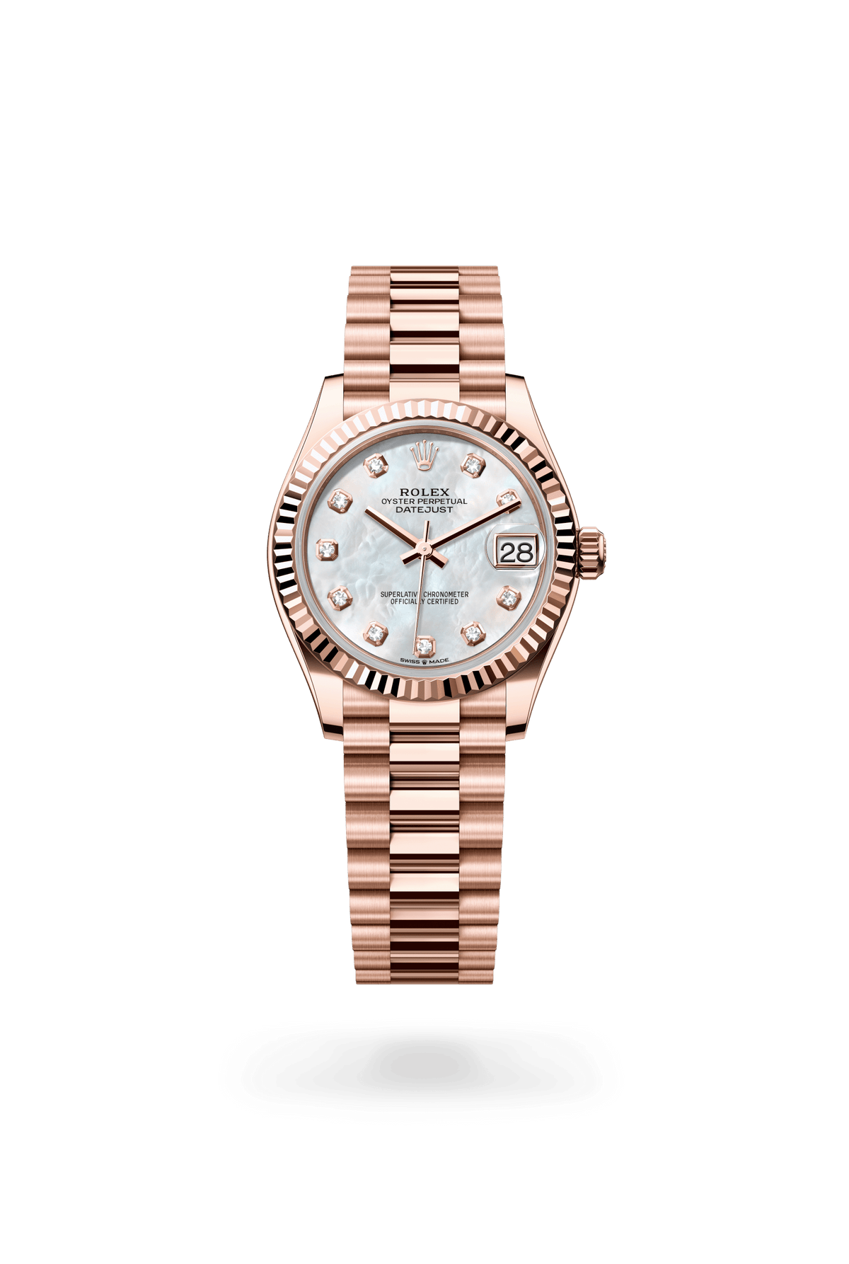Datejust 31, Oyster, 31 mm, Everose-goud, Wijzerplaat : Wit parelmoer, bezet met diamanten, Rolex