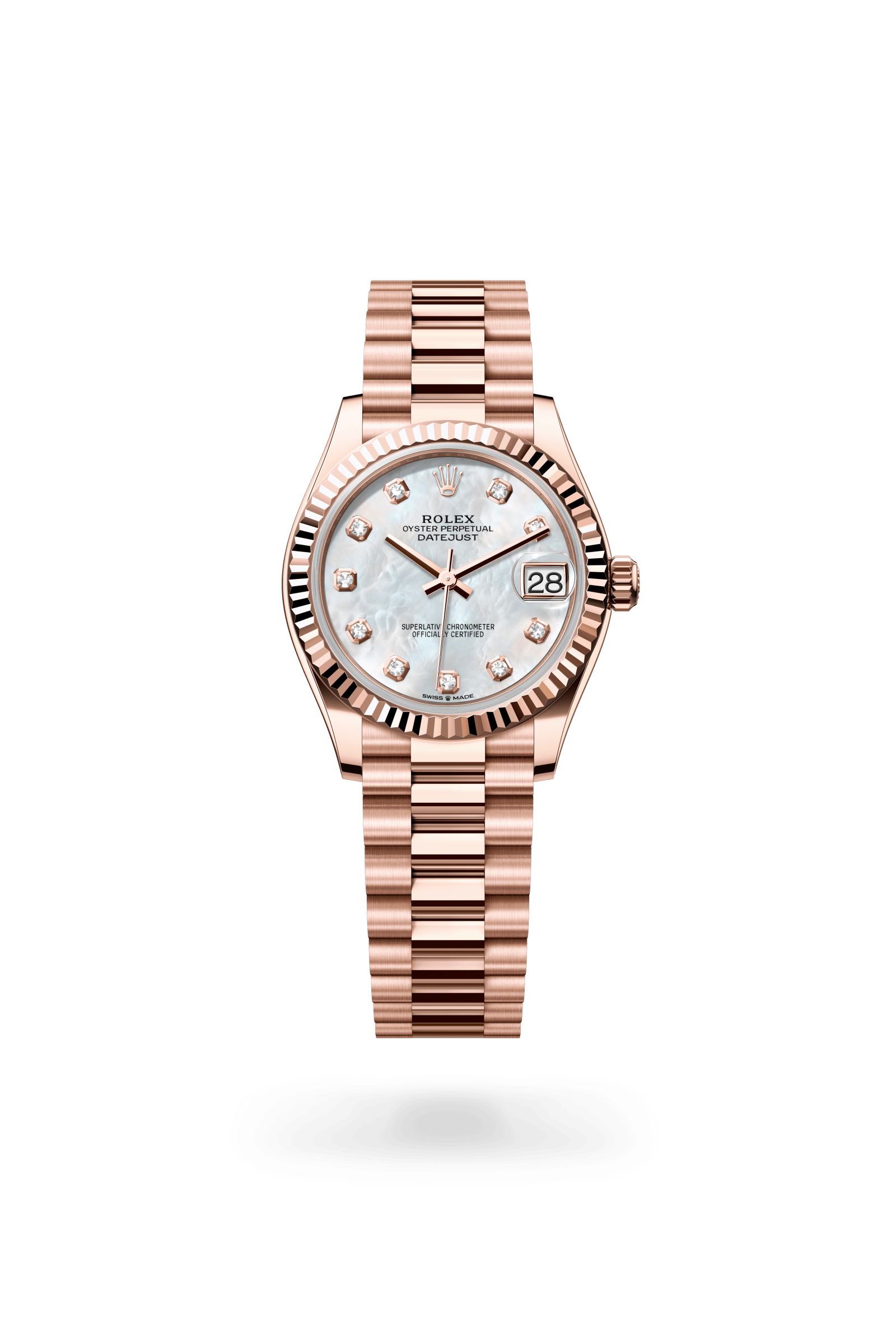 Datejust 31, Oyster, 31 mm, Everose-goud, Wijzerplaat : Wit parelmoer, bezet met diamanten, Rolex