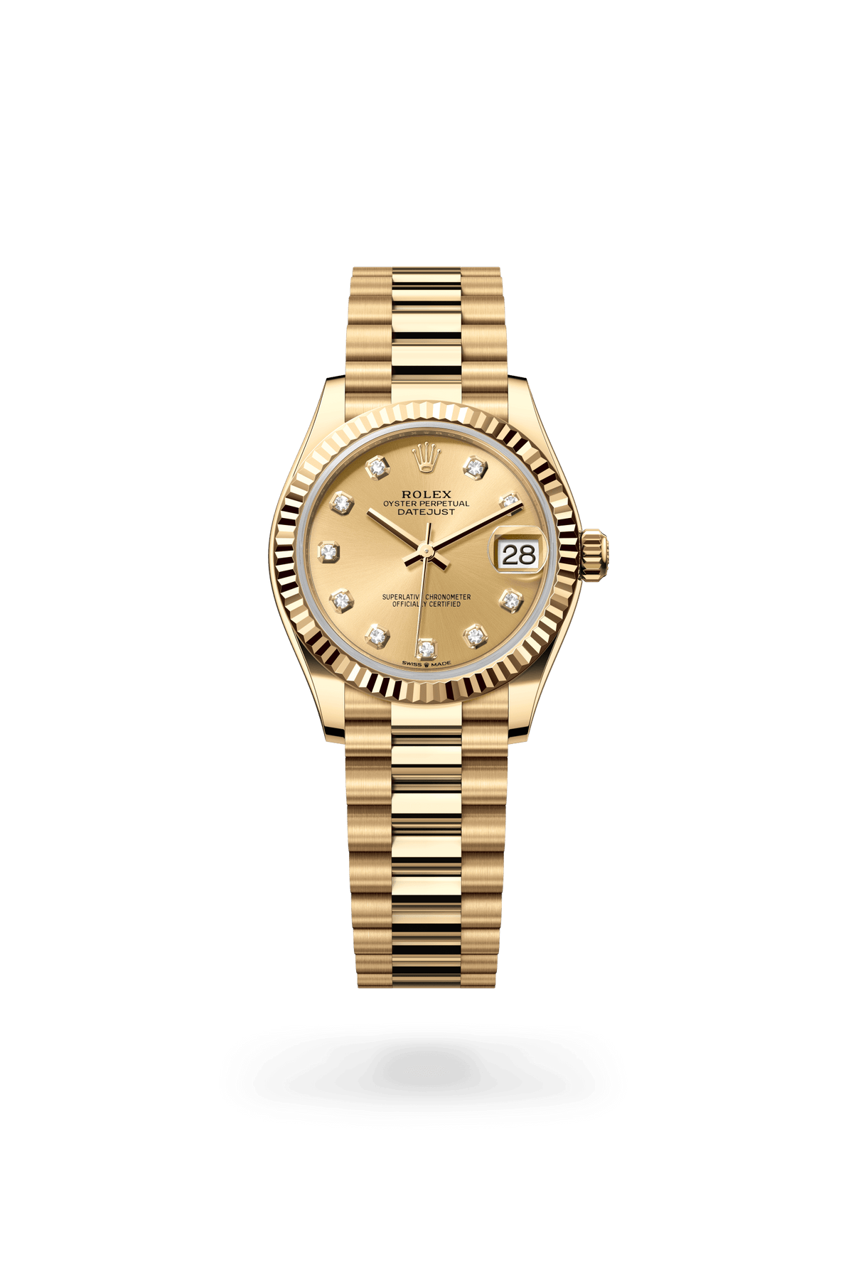 Datejust 31, Oyster, 31 mm, geelgoud, Wijzerplaat : Champagnekleurig, bezet met diamanten, Rolex