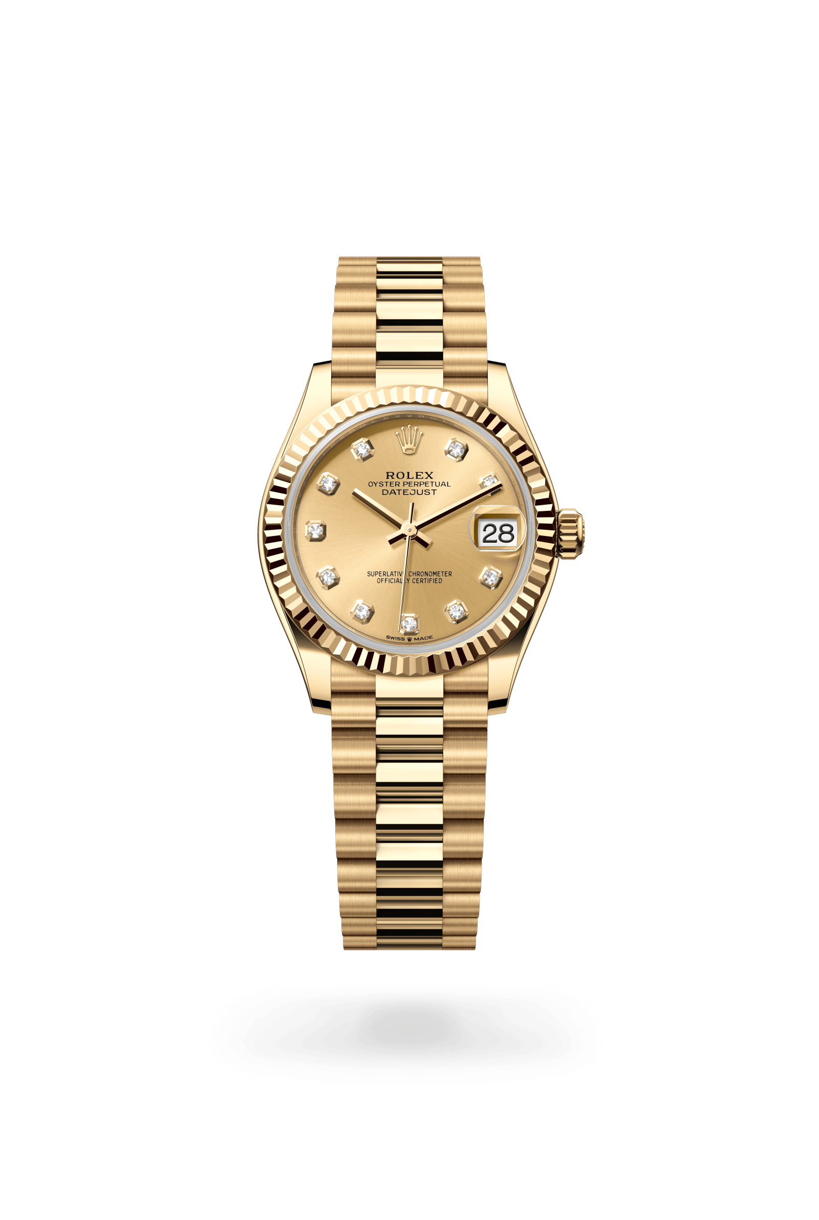 Datejust 31, Oyster, 31 mm, geelgoud, Wijzerplaat : Champagnekleurig, bezet met diamanten, Rolex