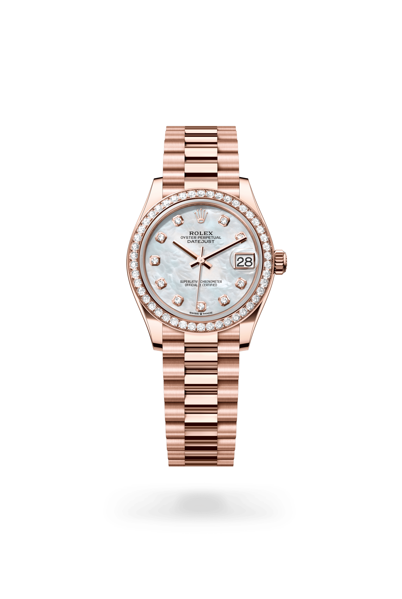 Datejust 31, Oyster, 31 mm, Everose-goud en diamanten, Wijzerplaat : Wit parelmoer, bezet met diamanten, Rolex