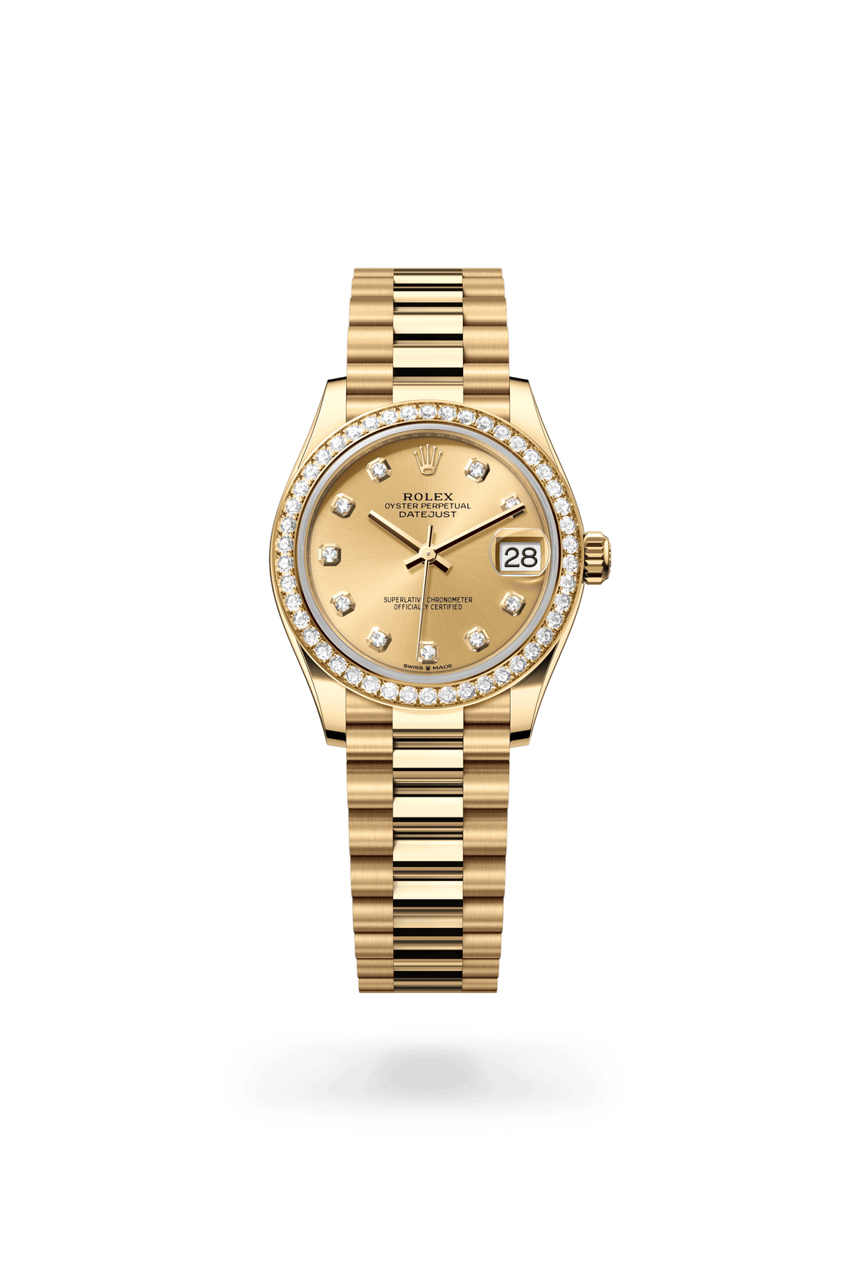 Datejust 31, Oyster, 31 mm, geelgoud en diamanten, Wijzerplaat : Champagnekleurig, bezet met diamanten, Rolex