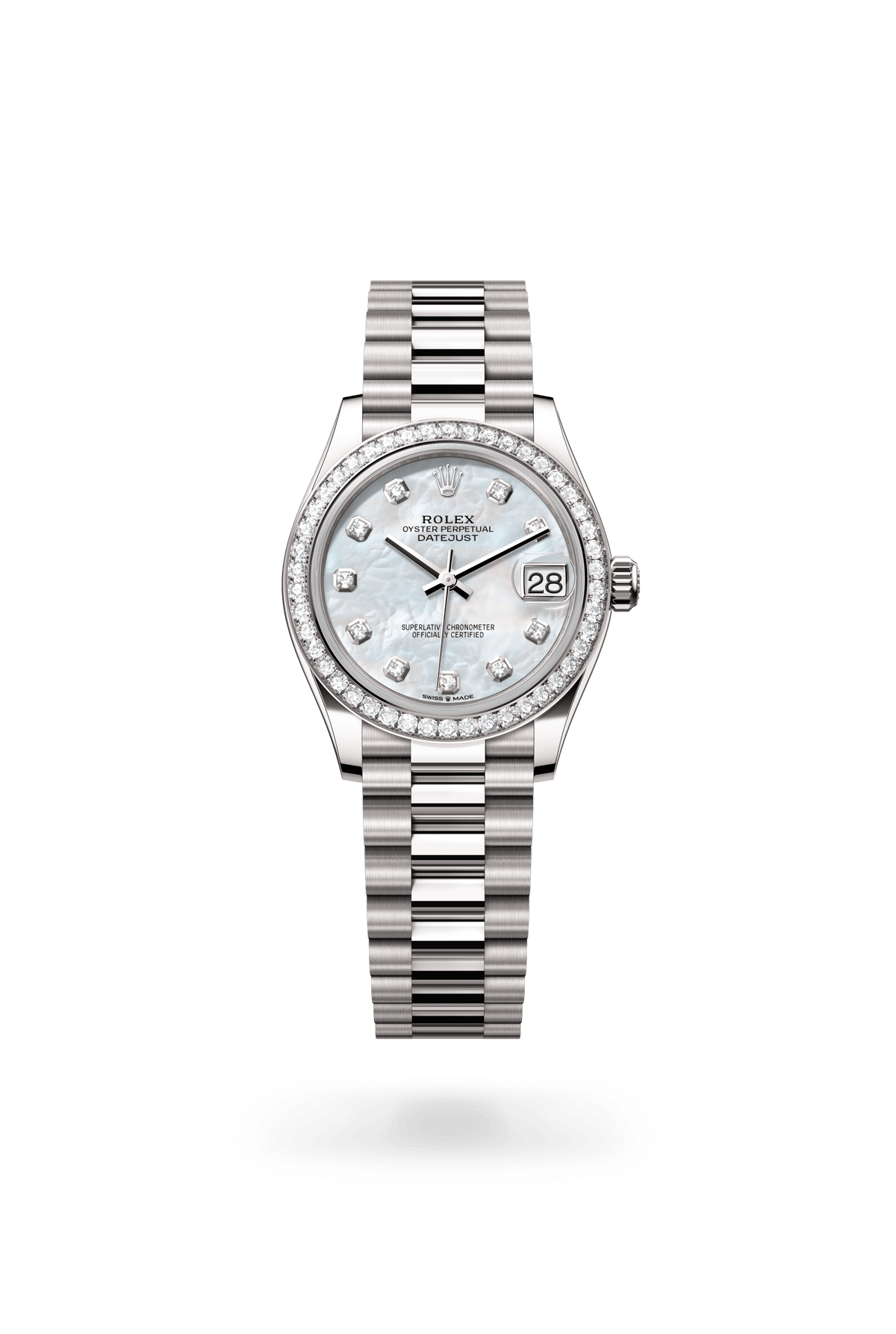 Datejust 31, Oyster, 31 mm, witgoud en diamanten, Wijzerplaat : Wit parelmoer, bezet met diamanten, Rolex
