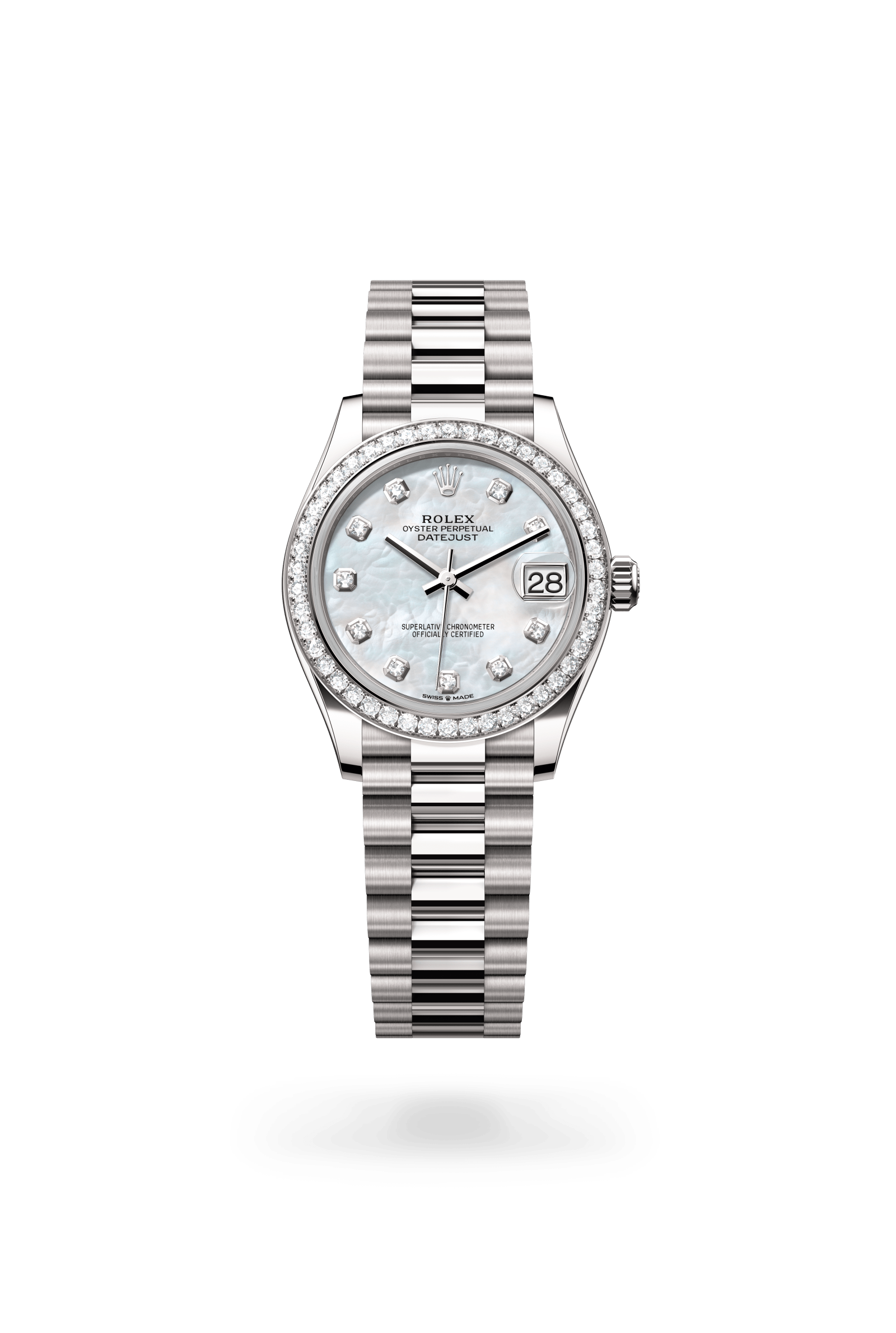 Datejust 31, Oyster, 31 mm, witgoud en diamanten, Wijzerplaat : Wit parelmoer, bezet met diamanten, Rolex