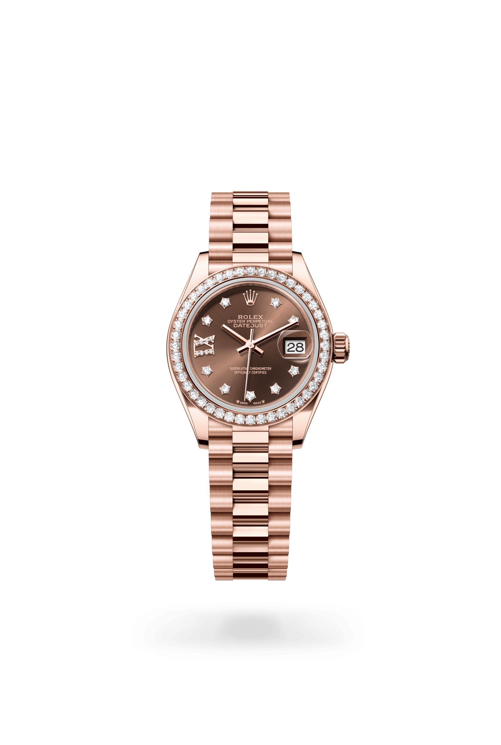 Lady-Datejust, Oyster, 28 mm, Everose-goud en diamanten, Wijzerplaat : Chocoladebruin bezet met diamanten, Rolex