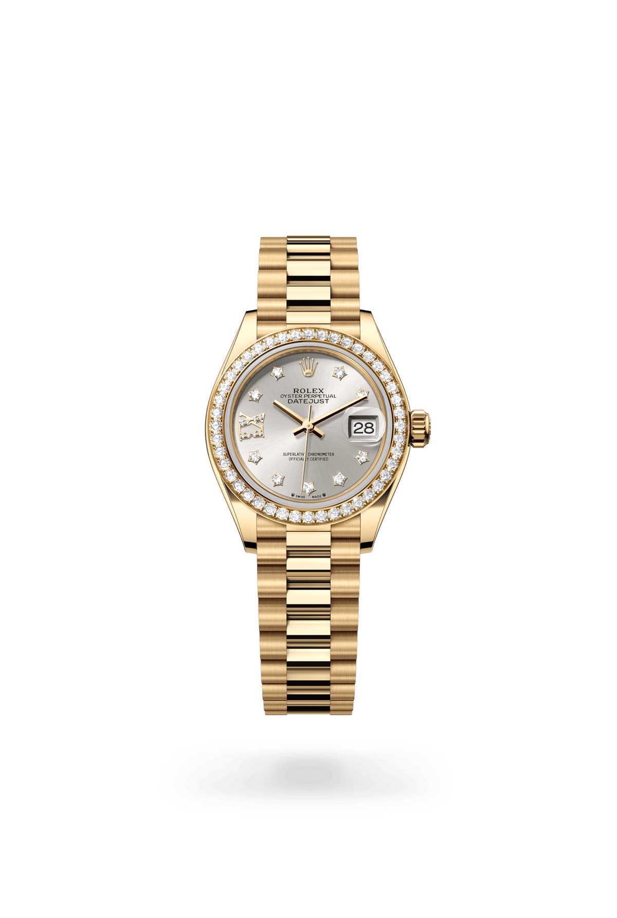 Lady-Datejust, Oyster, 28 mm, geelgoud en diamanten, Wijzerplaat : Zilverkleurig bezet met diamanten, Rolex