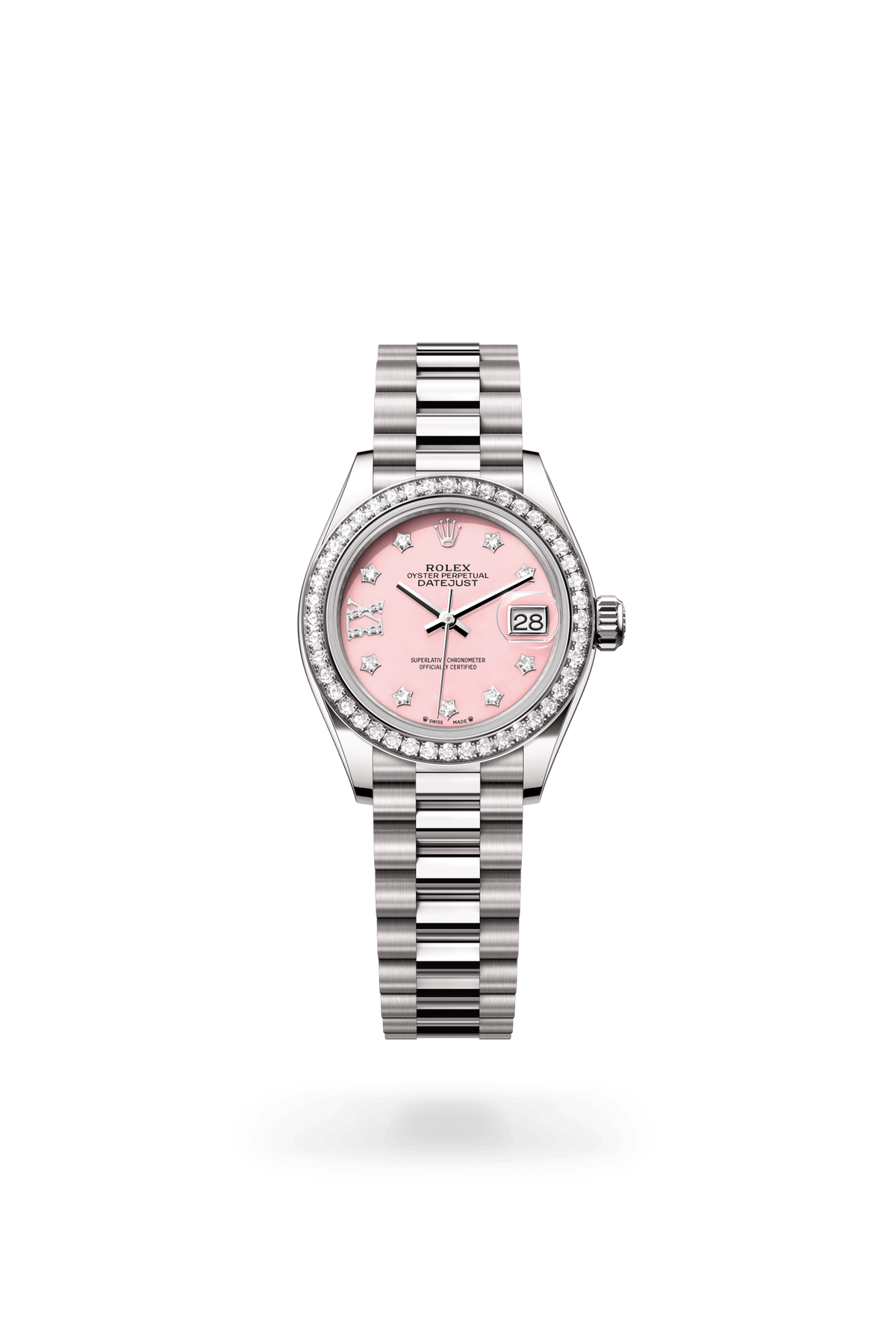 Lady-Datejust, Oyster, 28 mm, witgoud en diamanten, Wijzerplaat : Roze opaal bezet met diamanten, Rolex