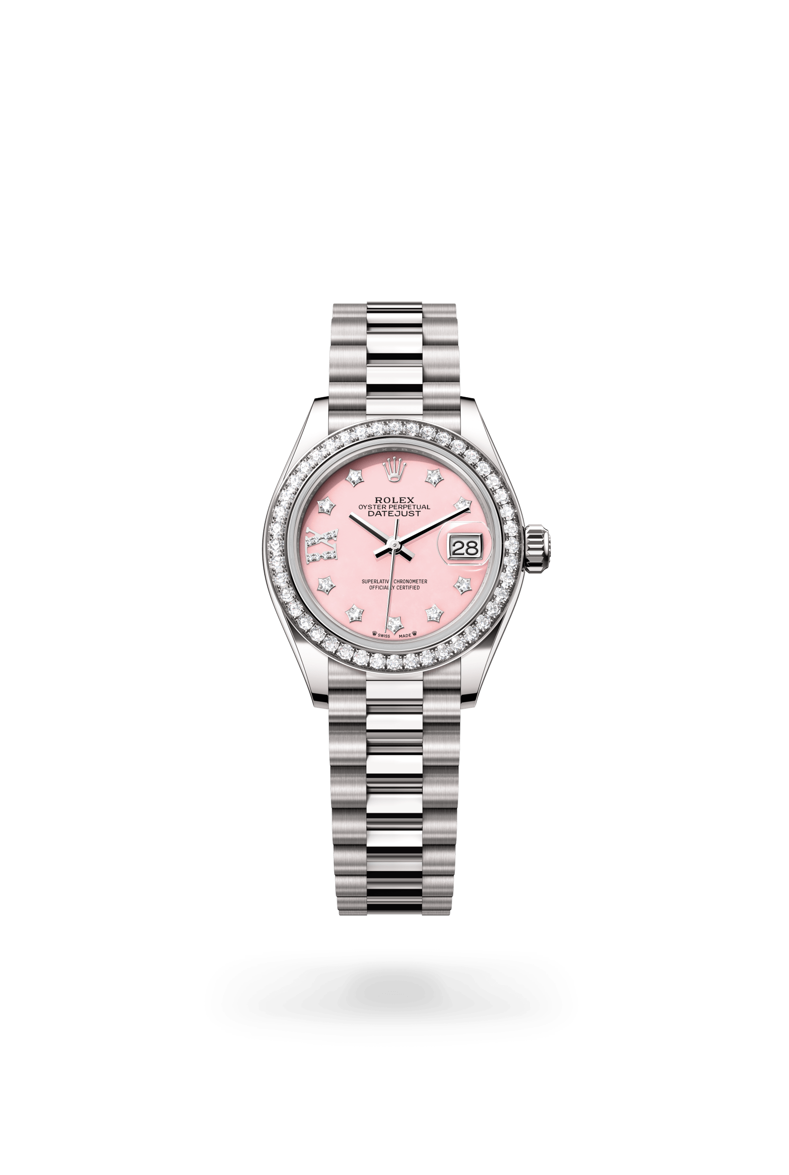 Lady-Datejust, Oyster, 28 mm, witgoud en diamanten, Wijzerplaat : Roze opaal bezet met diamanten, Rolex