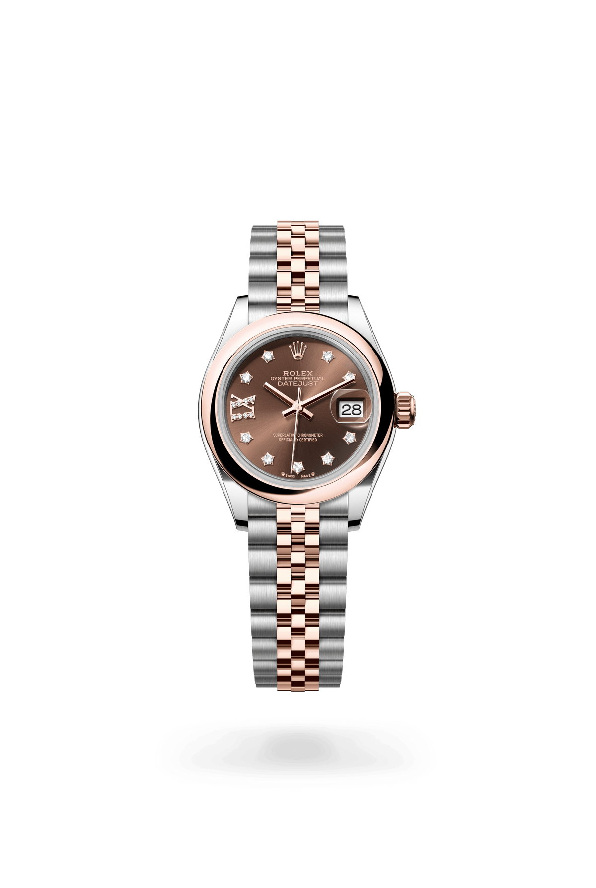 Lady-Datejust, Oyster, 28 mm, Oystersteel en Everose-goud, Wijzerplaat : Chocoladebruin bezet met diamanten, Rolex