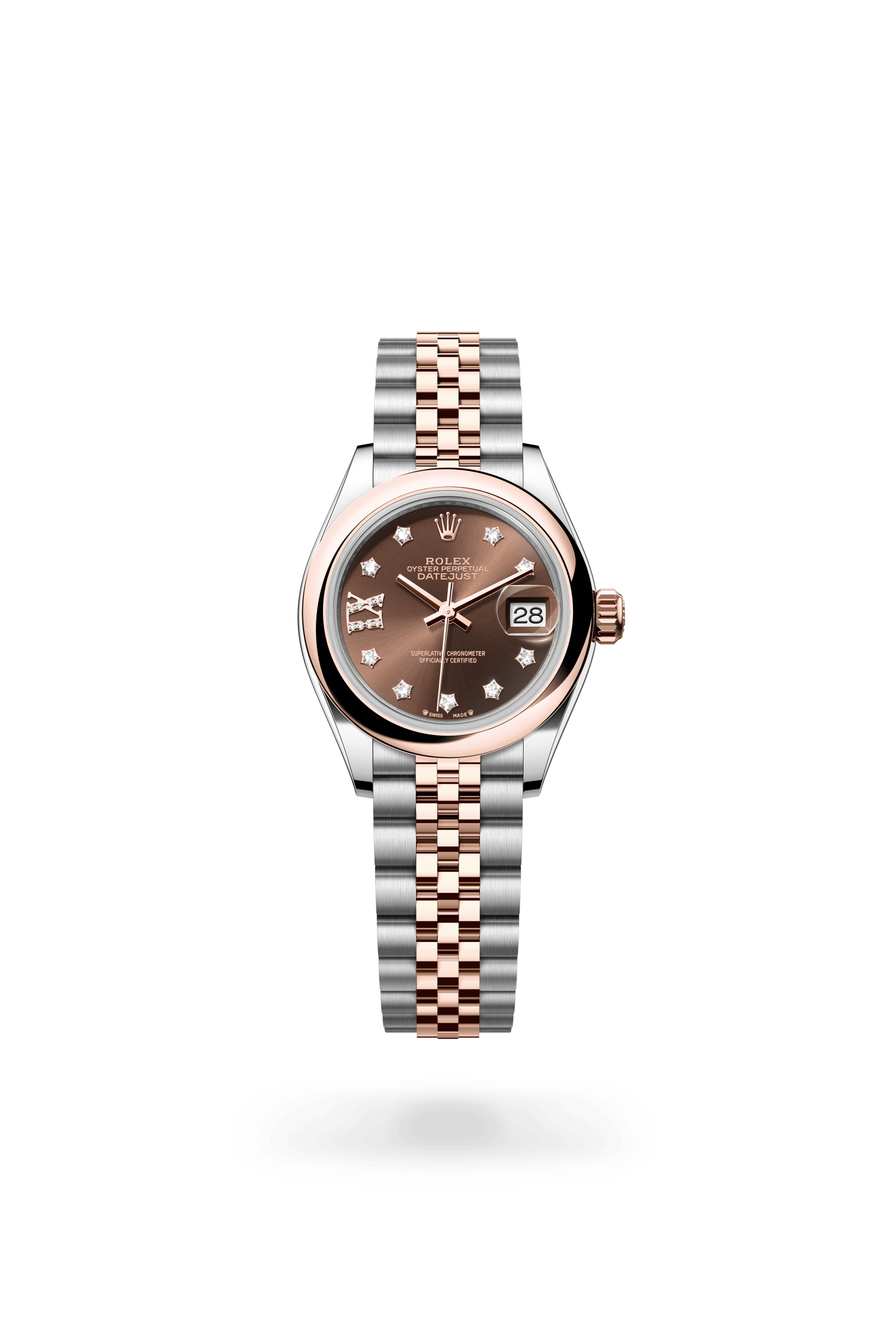 Lady-Datejust, Oyster, 28 mm, Oystersteel en Everose-goud, Wijzerplaat : Chocoladebruin bezet met diamanten, Rolex