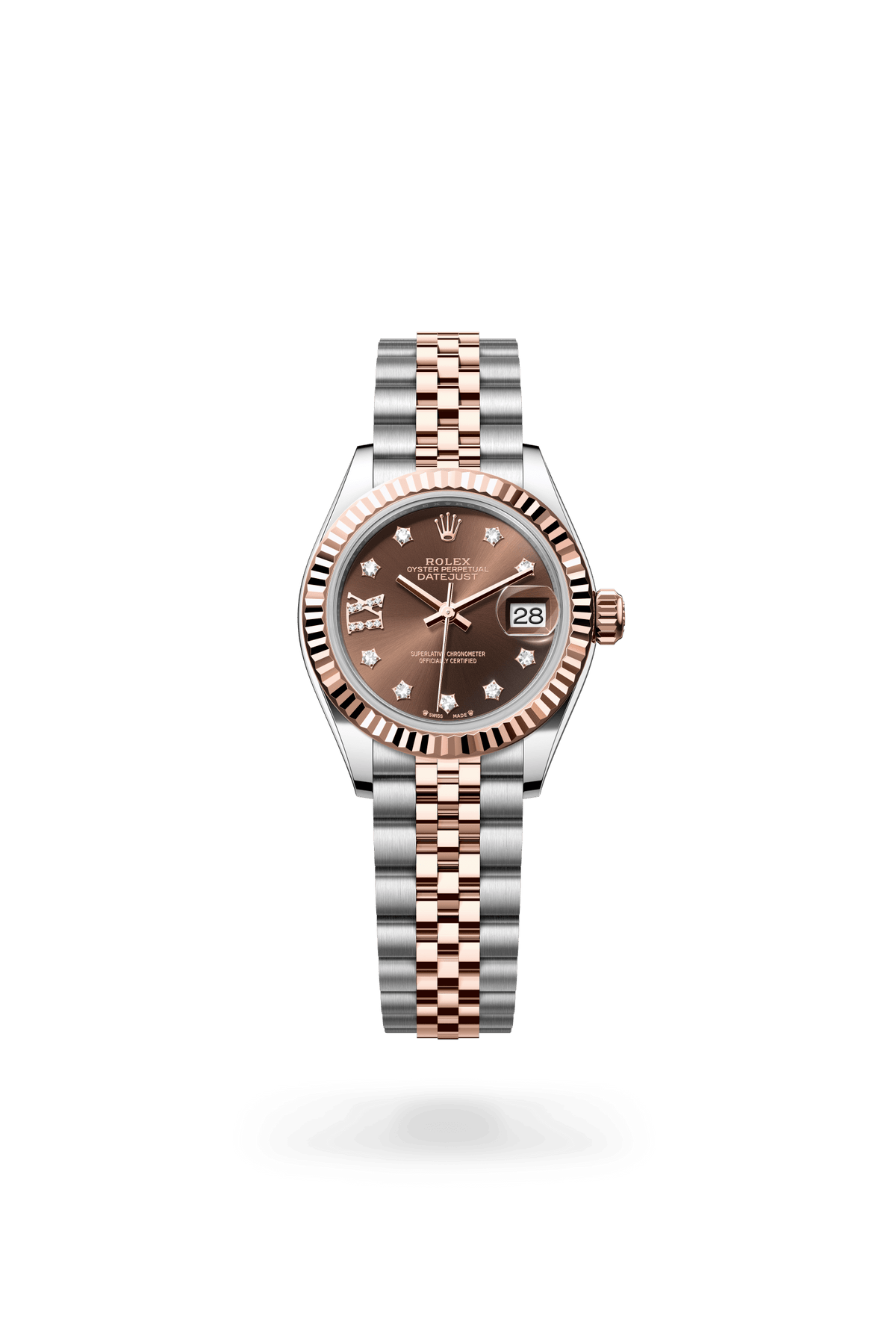 Lady-Datejust, Oyster, 28 mm, Oystersteel en Everose-goud, Wijzerplaat : Chocoladebruin bezet met diamanten, Rolex