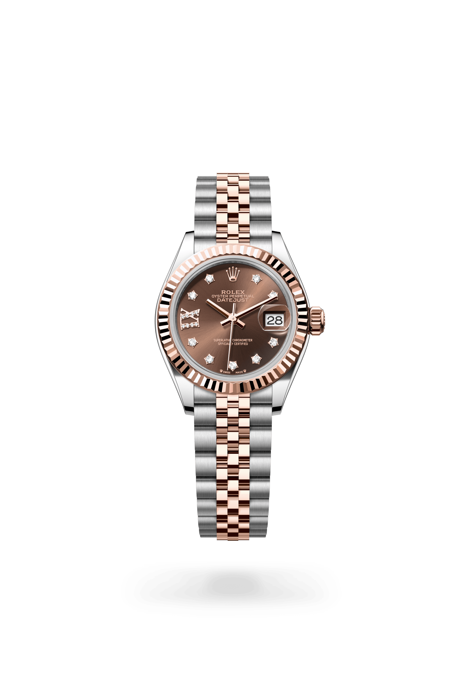 Lady-Datejust, Oyster, 28 mm, Oystersteel en Everose-goud, Wijzerplaat : Chocoladebruin bezet met diamanten, Rolex