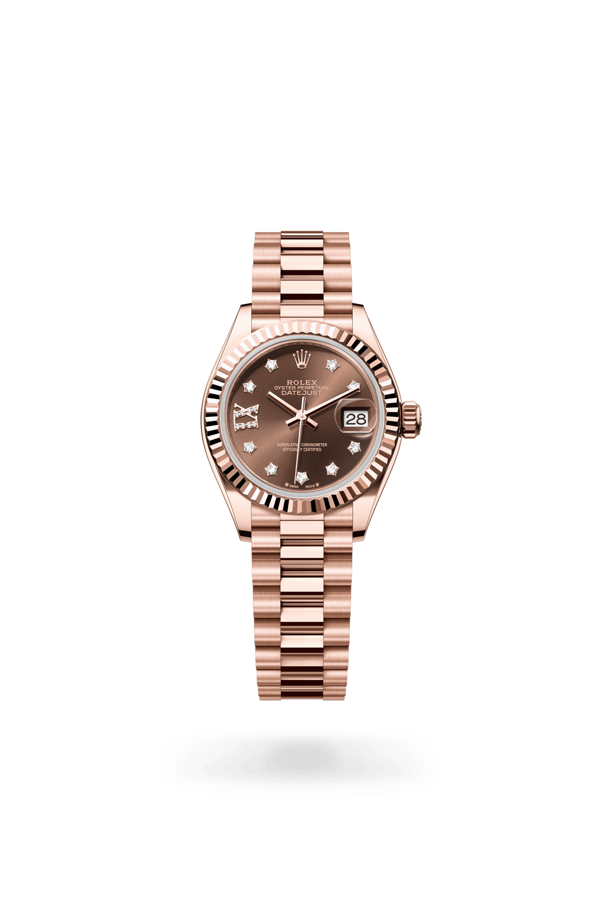 Lady-Datejust, Oyster, 28 mm, Everose-goud, Wijzerplaat : Chocoladebruin bezet met diamanten, Rolex