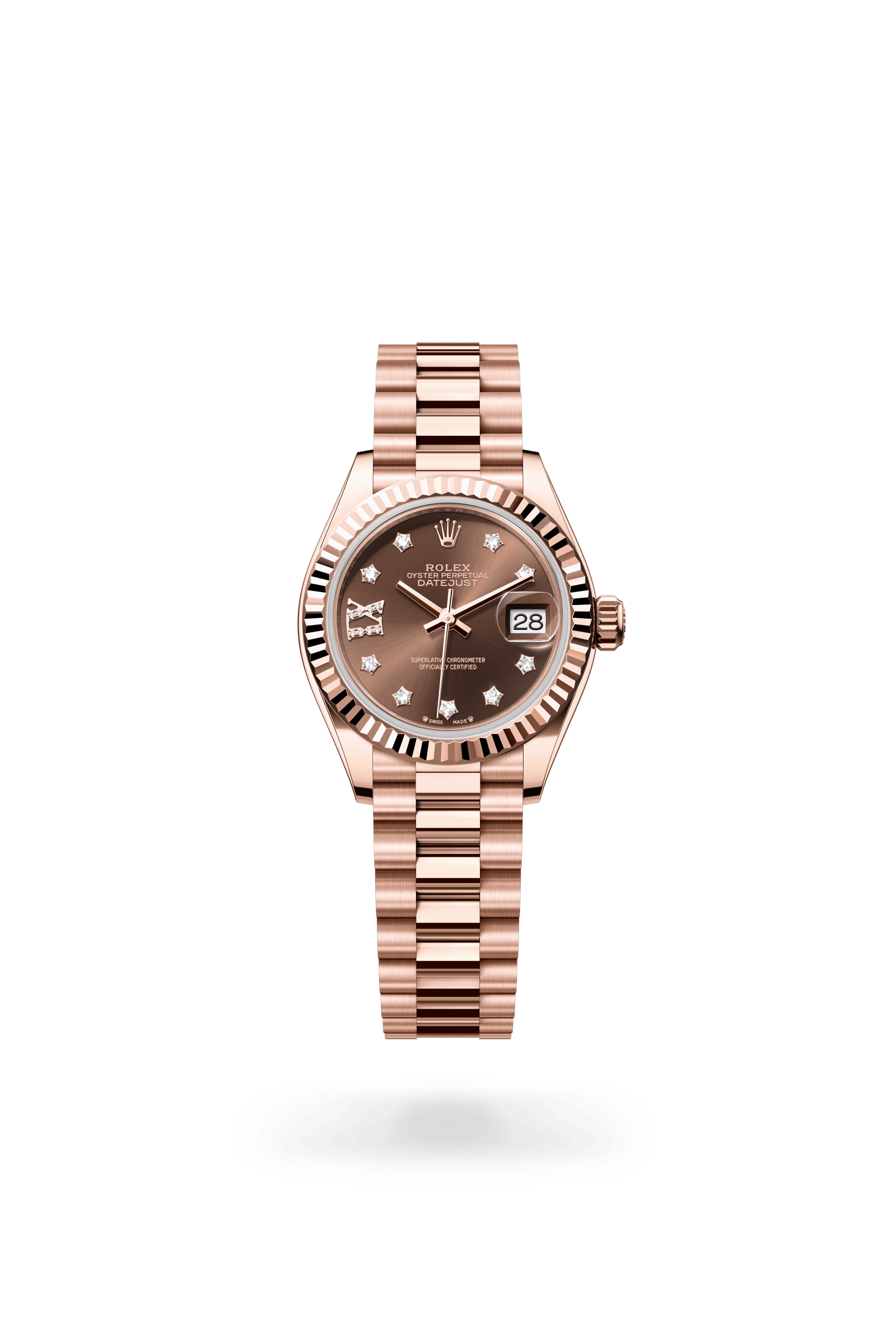 Lady-Datejust, Oyster, 28 mm, Everose-goud, Wijzerplaat : Chocoladebruin bezet met diamanten, Rolex