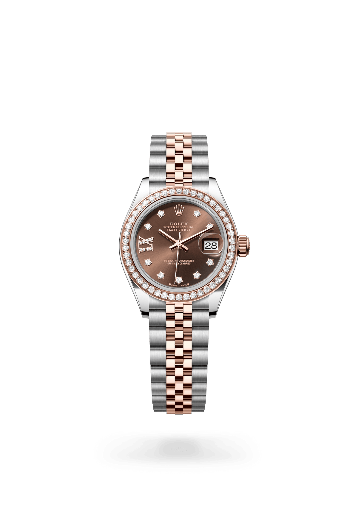 Lady-Datejust, Oyster, 28 mm, Oystersteel, Everose-goud en diamanten, Wijzerplaat : Chocoladebruin bezet met diamanten, Rolex