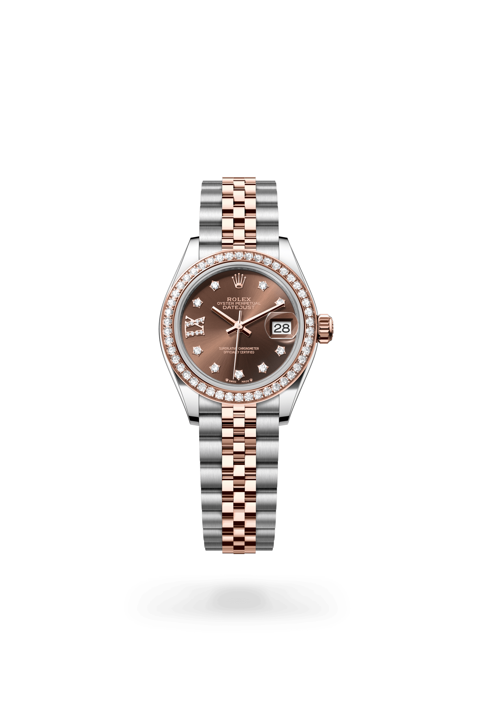 Lady-Datejust, Oyster, 28 mm, Oystersteel, Everose-goud en diamanten, Wijzerplaat : Chocoladebruin bezet met diamanten, Rolex