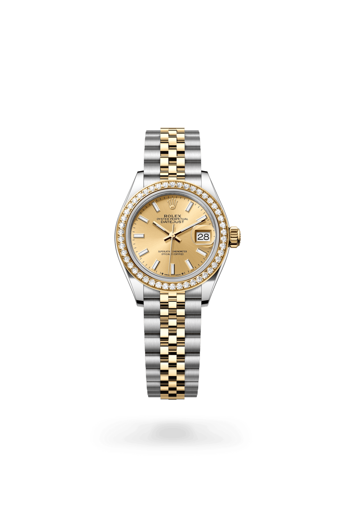 Lady-Datejust, Oyster, 28 mm, Oystersteel, geelgoud en diamanten, Wijzerplaat : Champagnekleurig, Rolex