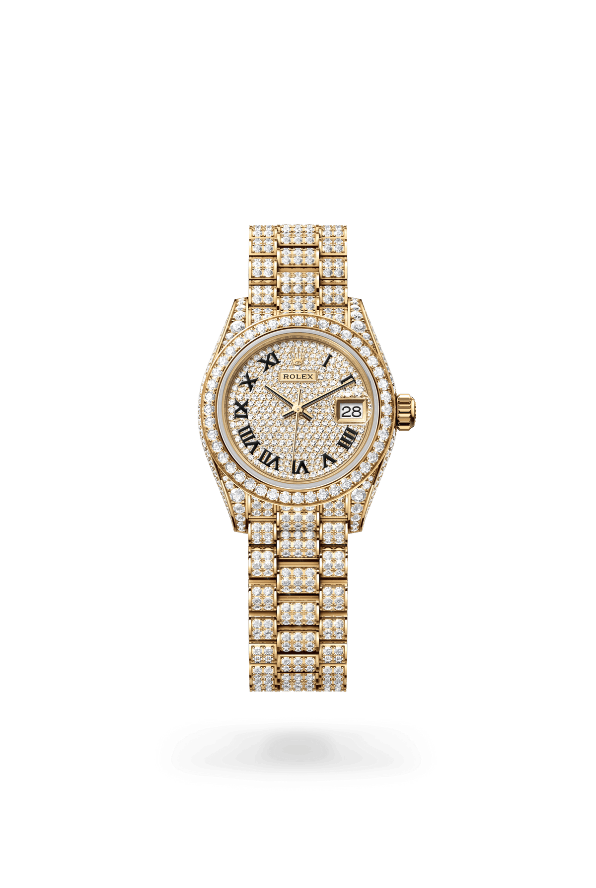 Lady-Datejust, Oyster, 28 mm, geelgoud en diamanten, Wijzerplaat : Belegd met diamanten, Rolex