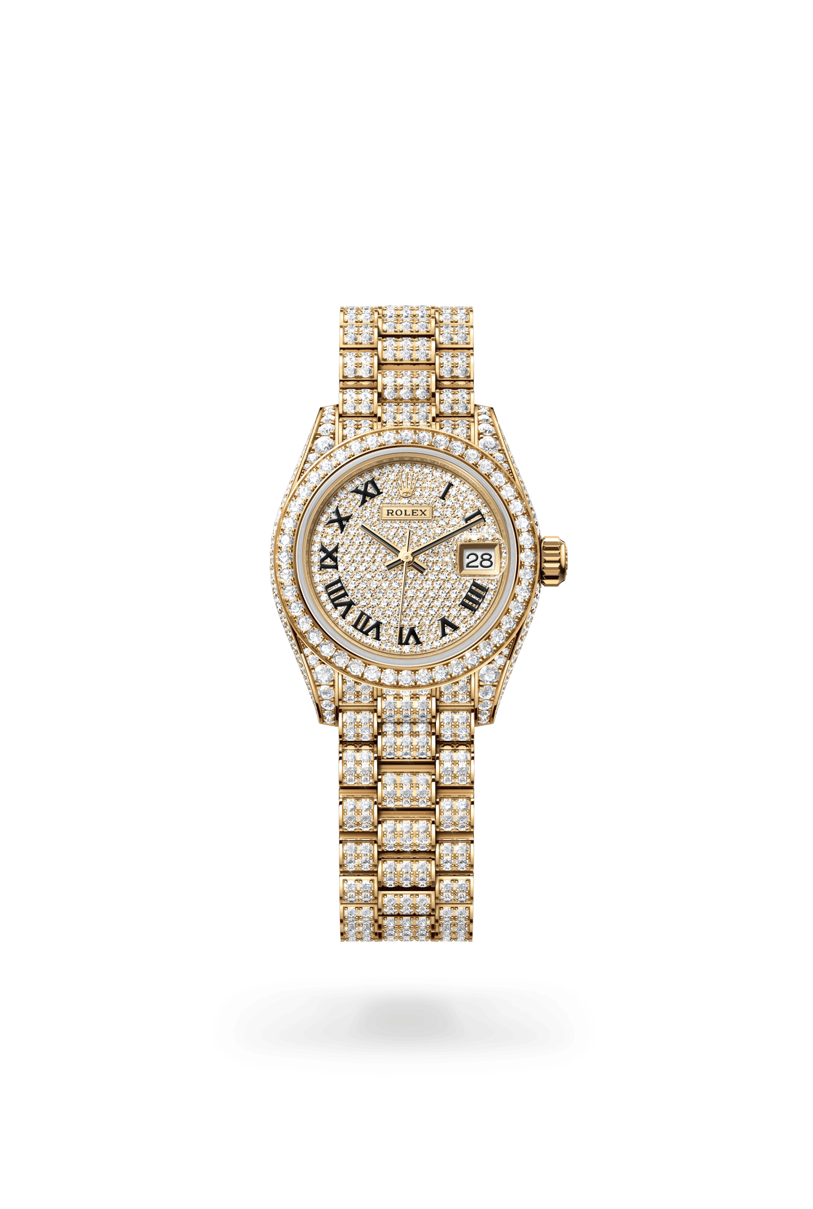 Lady-Datejust, Oyster, 28 mm, geelgoud en diamanten, Wijzerplaat : Belegd met diamanten, Rolex