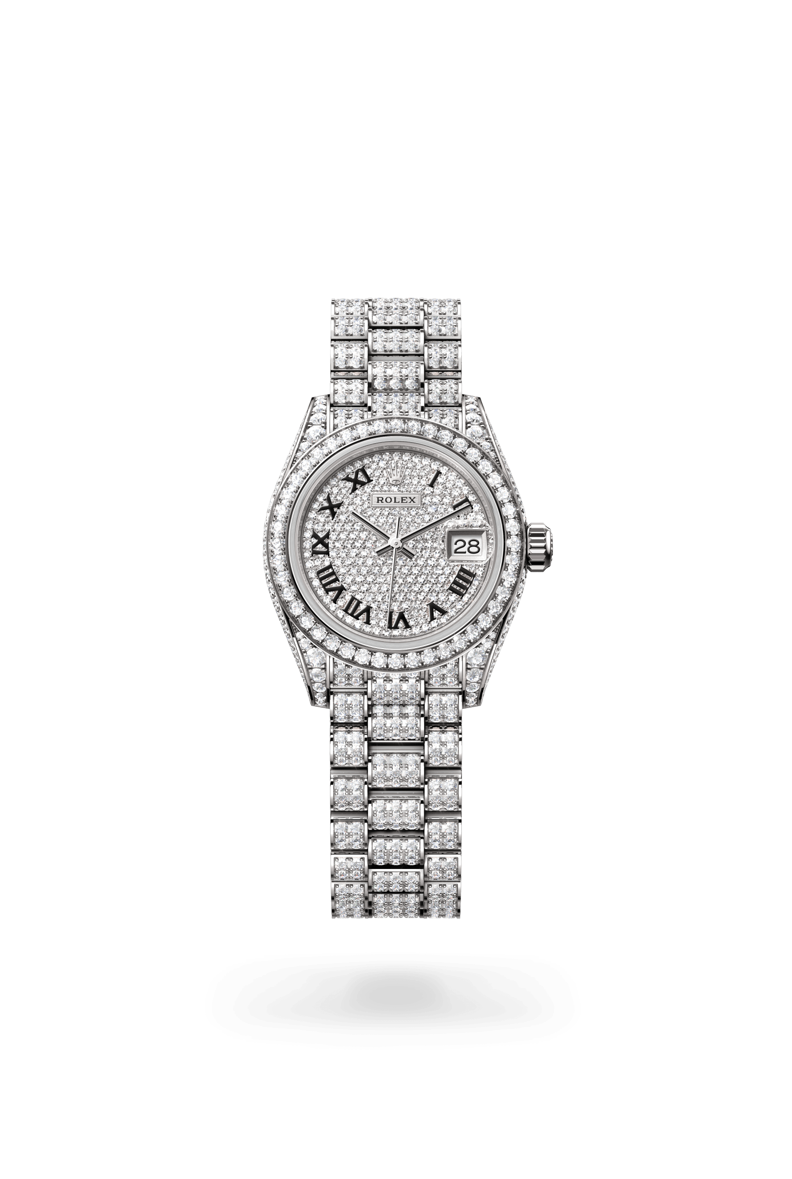 Lady-Datejust, Oyster, 28 mm, witgoud en diamanten, Wijzerplaat : Belegd met diamanten, Rolex