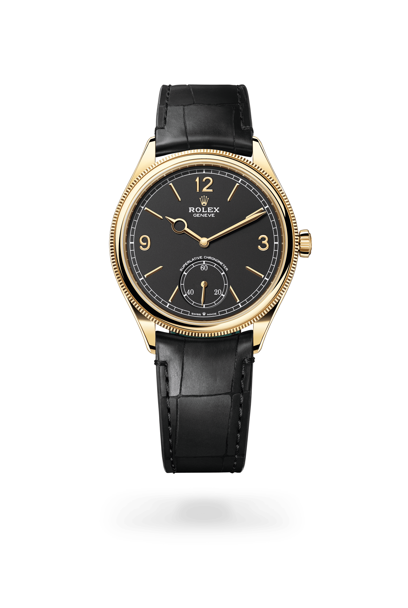 1908, 39 mm, 18 kt geelgoud, gepolijste afwerking, Wijzerplaat : Diepzwart, Rolex